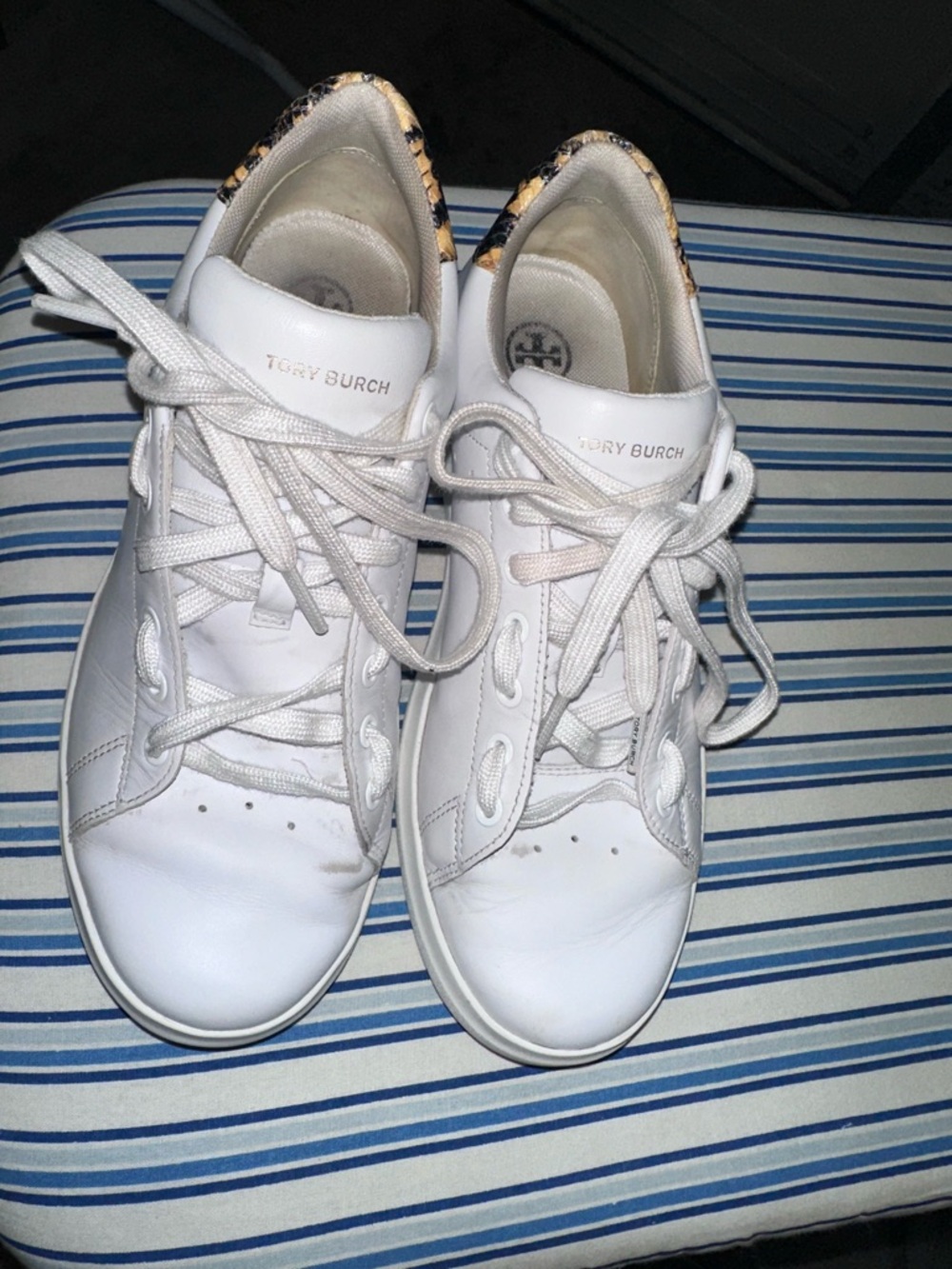 Tory Burch White Leather Sneakers with Leopard Heel Accent